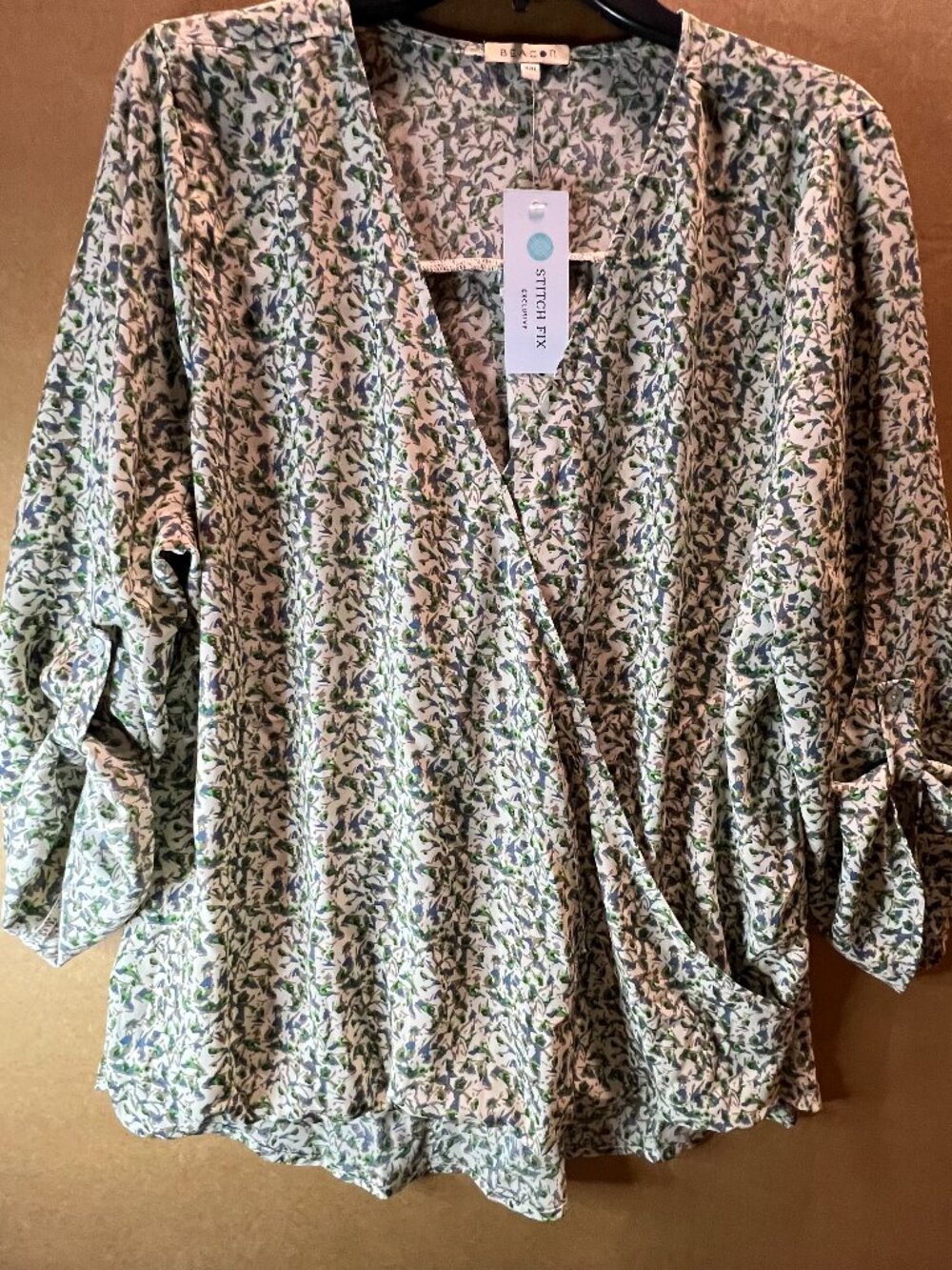BEACON Floral Print Blouse 3/4 Sleeves Size XXL in Green and Cream NWT